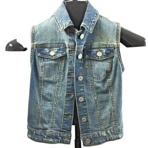 Womens XS Distressed Jean Vest Grunge Festival‎ Medium Wash Denim Button Up